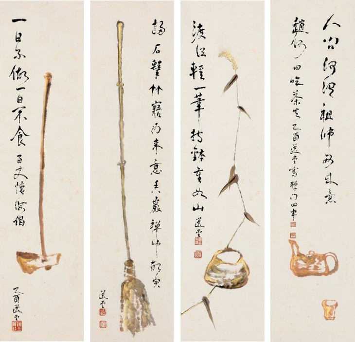 Bộ tranh - thư pháp của Nhiêu Tông Di về các vật dụng thường ngày. Ảnh: pinterest