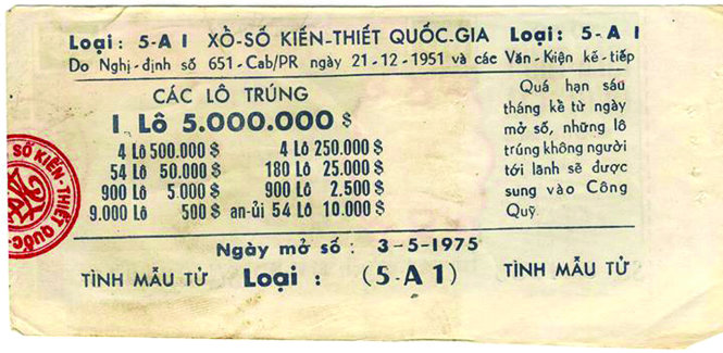 Mặt sau của tờ vé số cuối cùng của chính quyền Sài Gòn đã không kịp xổ, khi ngày quay số là 3-5-1975.