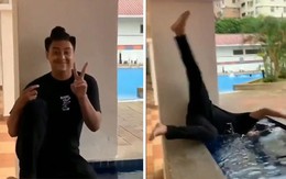 Chàng trai ngồi chống hụt tay ngã lộn đầu xuống bể nước