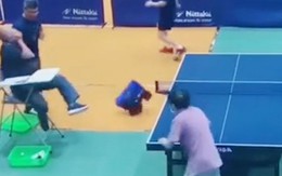 Trọng tài hú hồn khi vợt bóng bàn văng vào người
