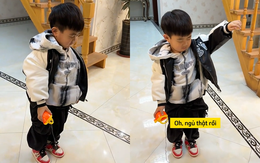 Cười sảng với bé trai giả vờ ngủ đứng