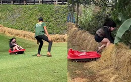 Cô gái lộn santo vào đống rơm khi chơi trò trượt cỏ