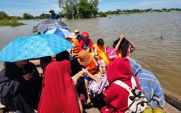 Lũ ngập đường, học sinh vùng biên An Giang được đưa đến trường bằng vỏ lãi