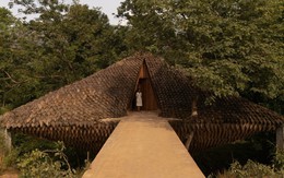 Nhà cầu bắc qua khe nước với lớp 'vảy tê tê' bằng bùn tranh kỳ lạ