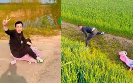 Cười sảng với thanh niên ngồi xe trượt dốc bay xuống ruộng lúa