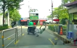 Khách xe ôm công nghệ nổi quạu khi bị barie ngáng ngã xuống đường