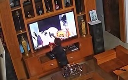 Bé trai cầm gậy đánh nhân vật trong phim làm vỡ màn hình tivi