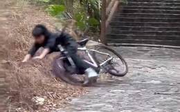 Bé trai lao vào bụi cây khi chạy xe đạp xuống cầu thang