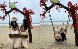 Hai cô gái ngã chổng vó khi ngồi xích đu sống ảo